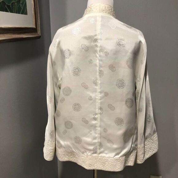 Vintage Silk Blue Ivory Embroidered Kimono Reversible Floral Jacket Large - Picture 6 of 13
